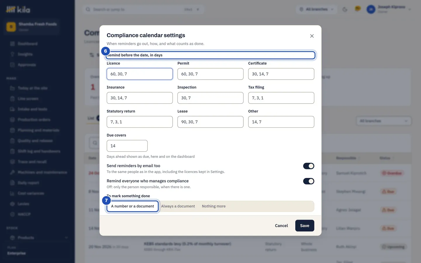 Compliance calendar settings: Remind before the date, in days, for each type (6), and To mark something done, A number or a document (7).