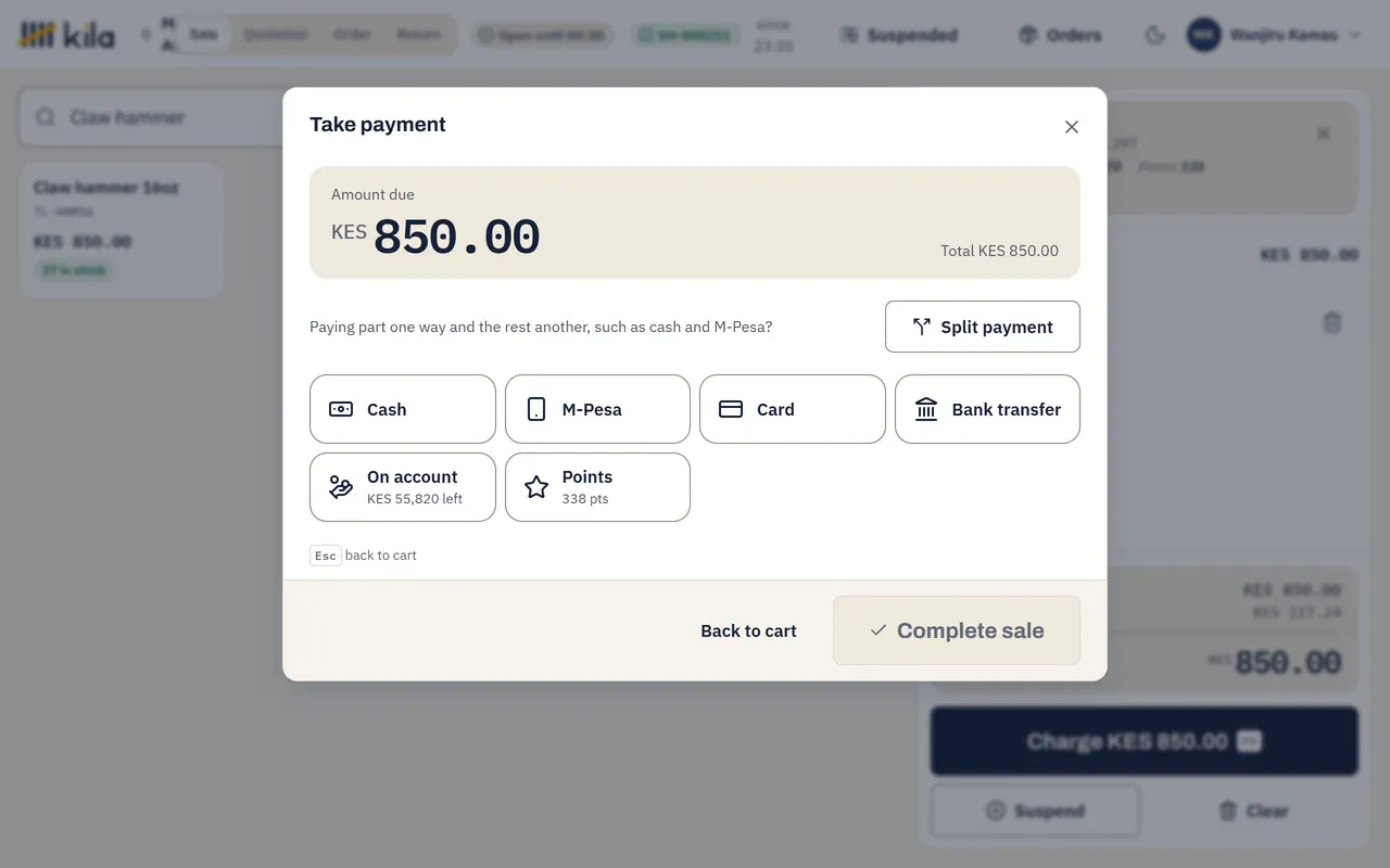Take payment at the Moi Avenue till for KES 850.00: the methods are Cash, M-Pesa, Card, Bank transfer, On account with what is left of the customer's limit, and Points.