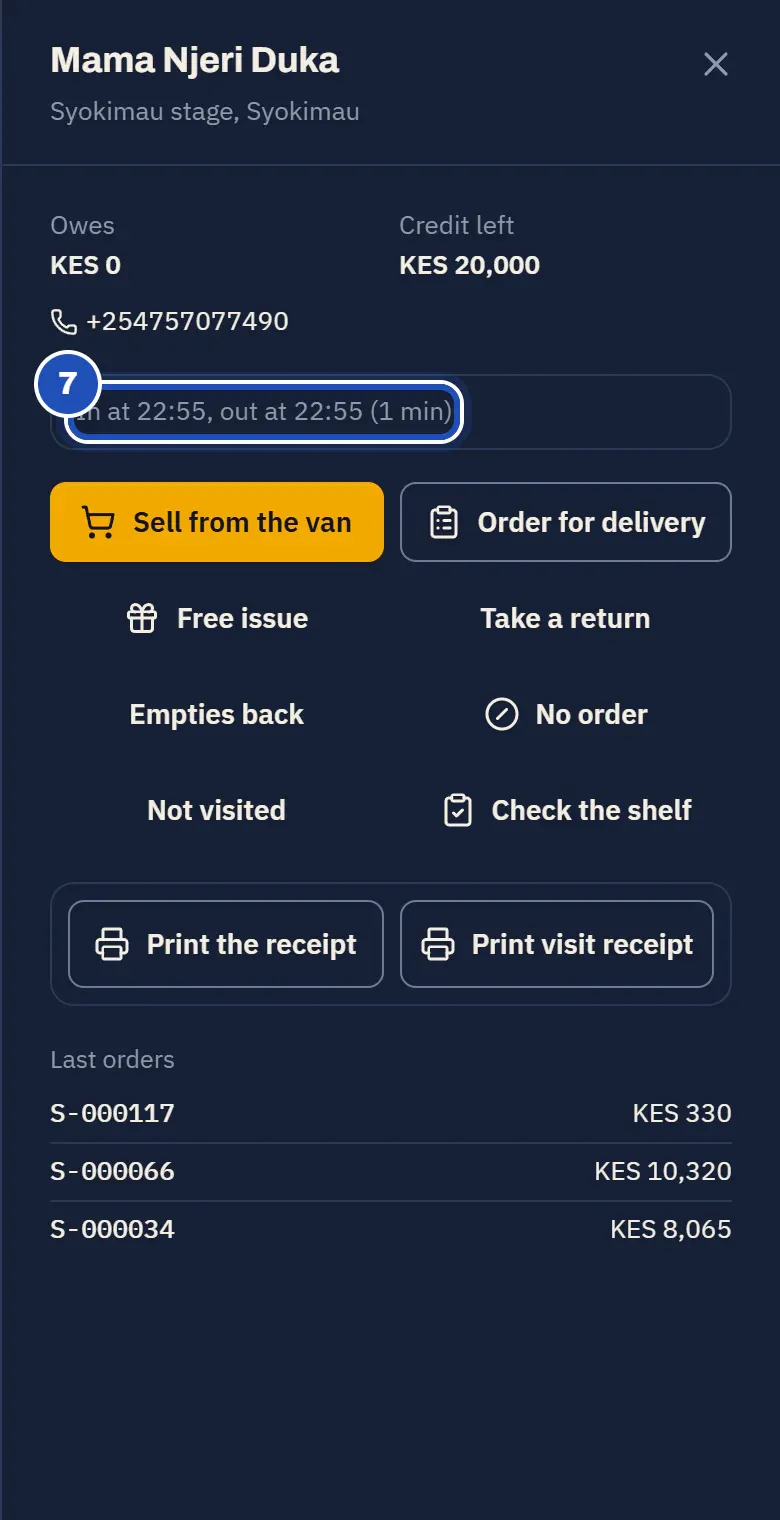 The shop after the visit: In at 21:15, out at 21:16 (1 min) (7), with Print the receipt.