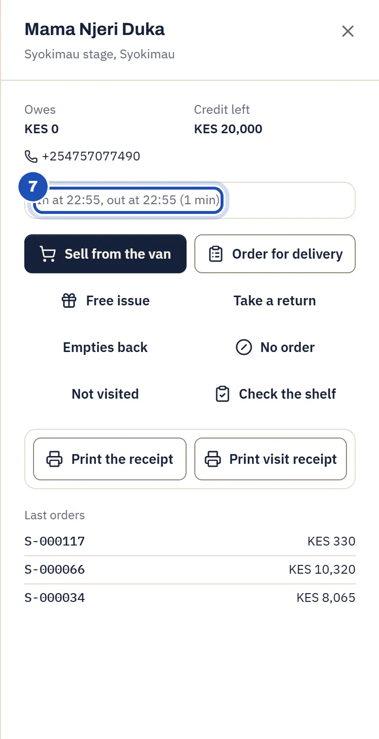 The shop after the visit: In at 21:15, out at 21:16 (1 min) (7), with Print the receipt.