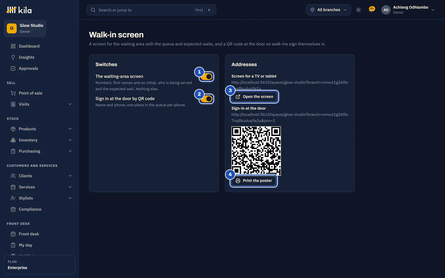 Front desk, Walk-in screen, for the owner: The waiting-area screen (1) and Sign in at the door by QR code (2) switched on, with Open the screen (3) and Print the poster (4).