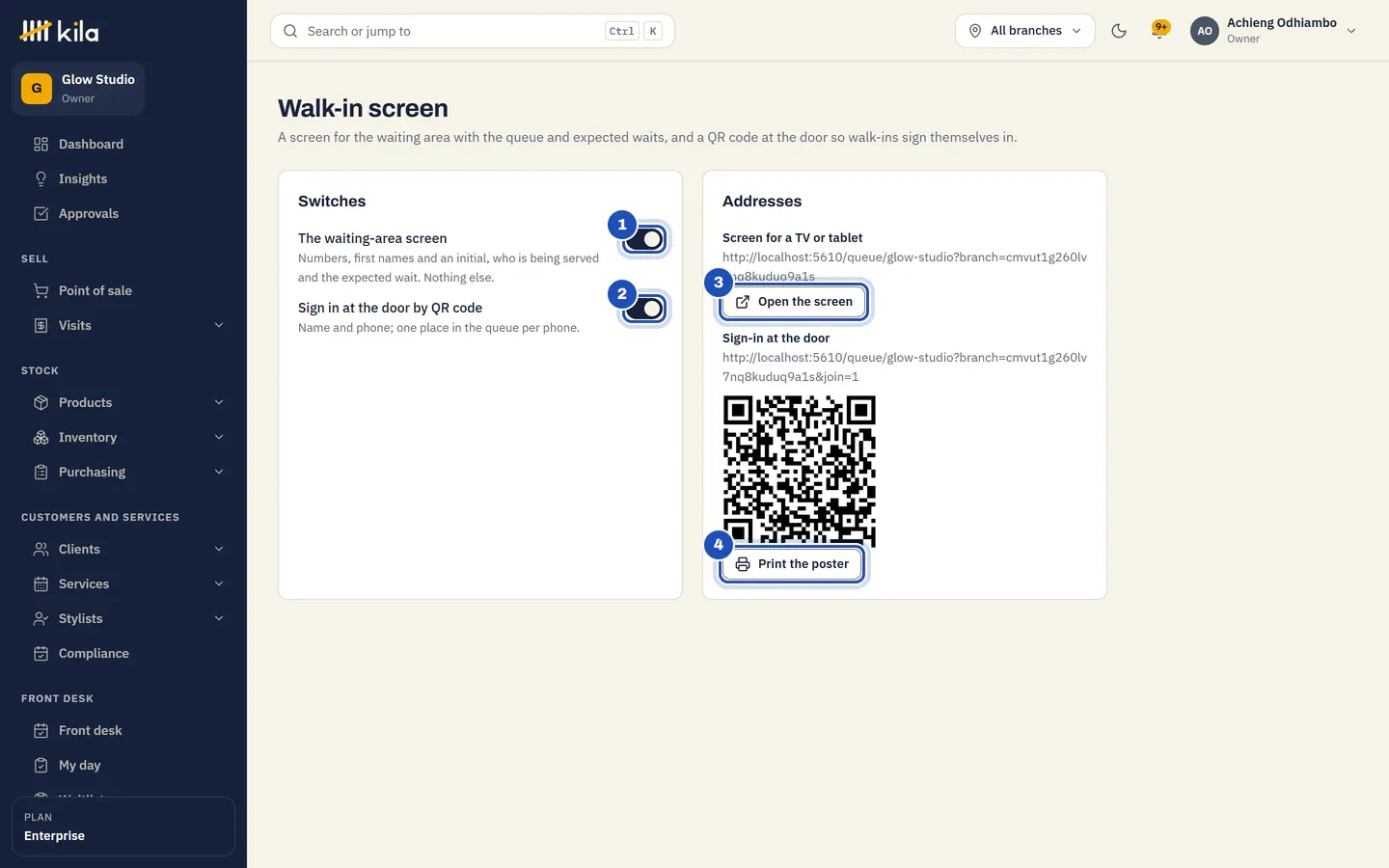 Front desk, Walk-in screen, for the owner: The waiting-area screen (1) and Sign in at the door by QR code (2) switched on, with Open the screen (3) and Print the poster (4).