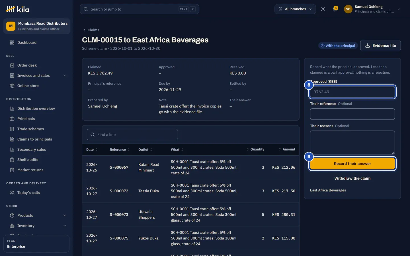 The claim with the principal, due 30 days on: Approved (KES) marked 8, with the amount claimed as a hint, and Record their answer marked 9, above Withdraw the claim.