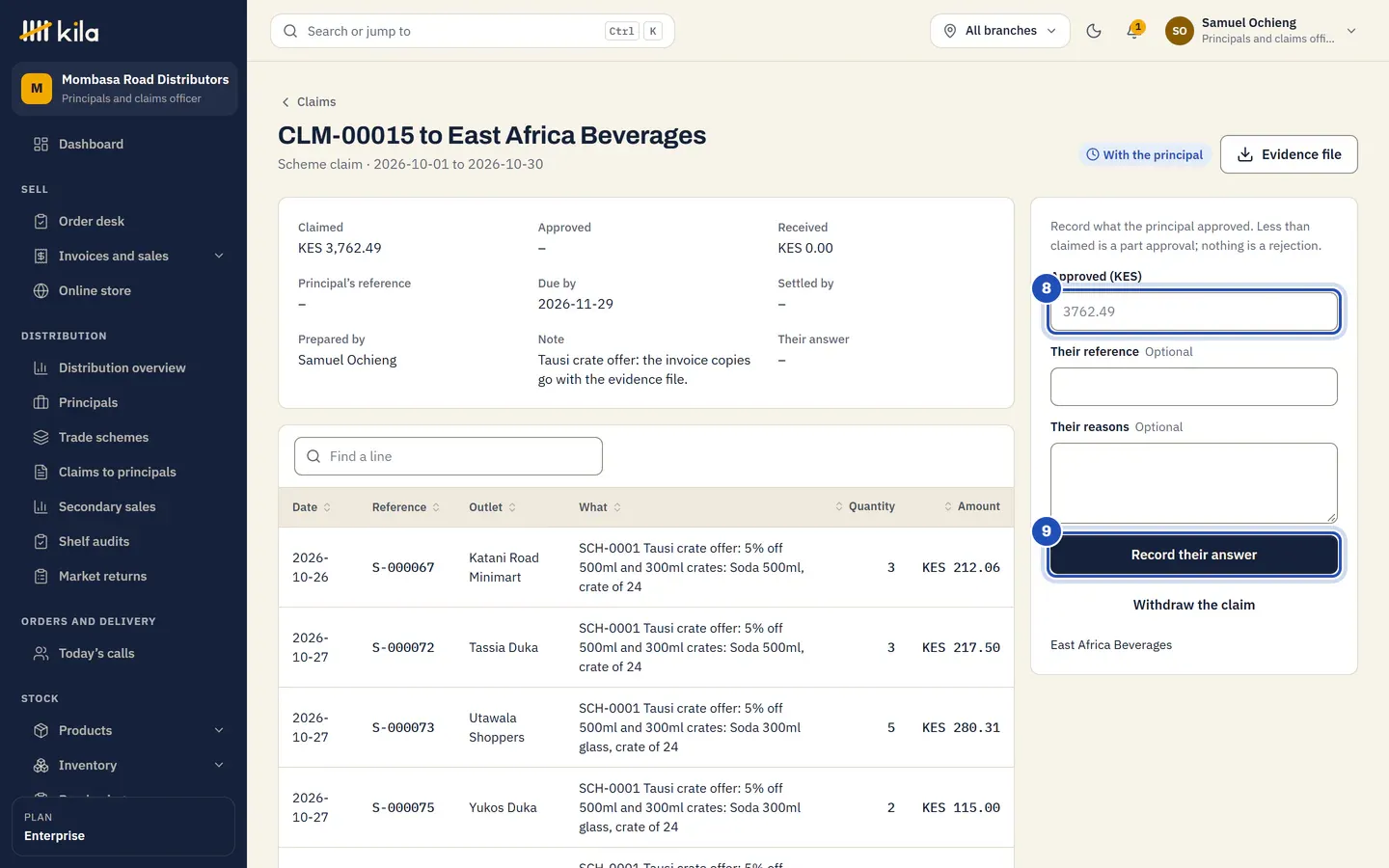 The claim with the principal, due 30 days on: Approved (KES) marked 8, with the amount claimed as a hint, and Record their answer marked 9, above Withdraw the claim.