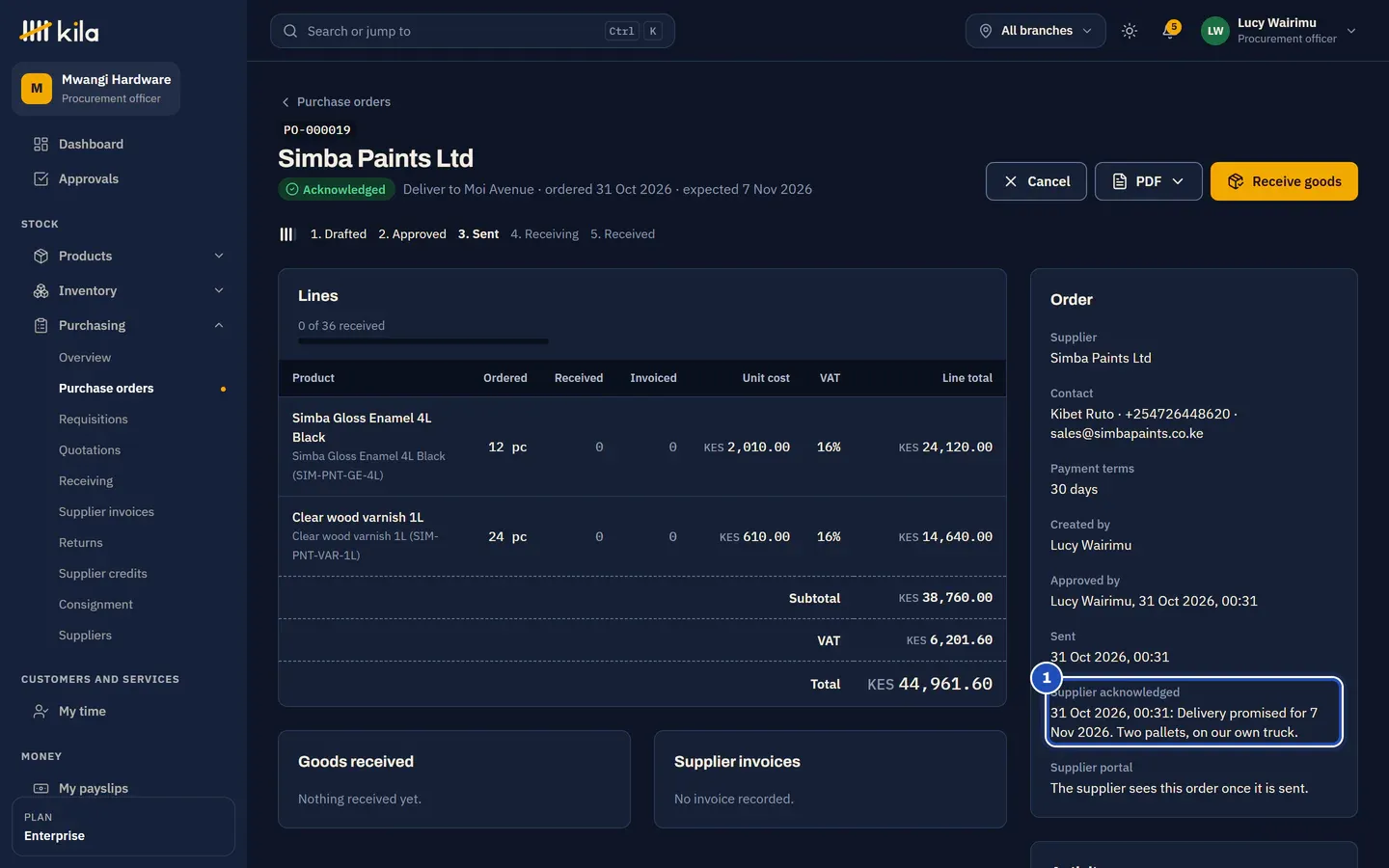 A purchase order in Kila at Mwangi Hardware after Simba Paints acknowledged it: Supplier acknowledged, with the delivery date promised and the supplier's note, is marked 1.