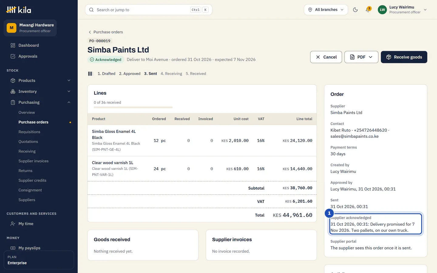 A purchase order in Kila at Mwangi Hardware after Simba Paints acknowledged it: Supplier acknowledged, with the delivery date promised and the supplier's note, is marked 1.