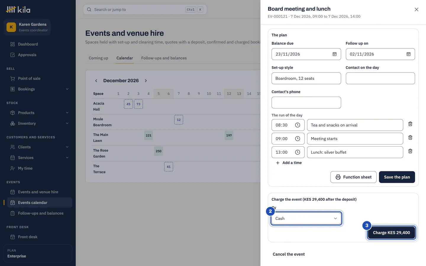 The confirmed board meeting's panel: the plan, then Charge the event (KES 29,400 after the deposit) with By Cash marked 2 and Charge KES 29,400 marked 3, above Cancel the event.