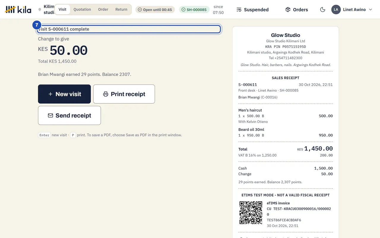 Visit S-000594 complete (7): change to give KES 50.00 on KES 1,450.00, Brian Mwangi earned 29 points, and the receipt shows the men's haircut with Kelvin Otieno and the beard oil.