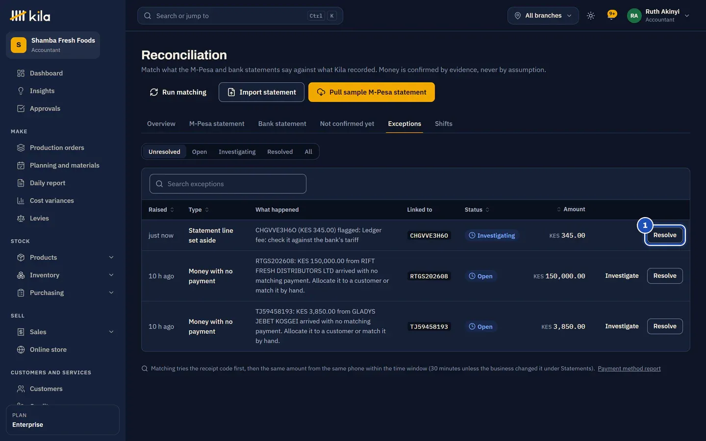 The exceptions: the flagged ledger fee, with Resolve marked 1.