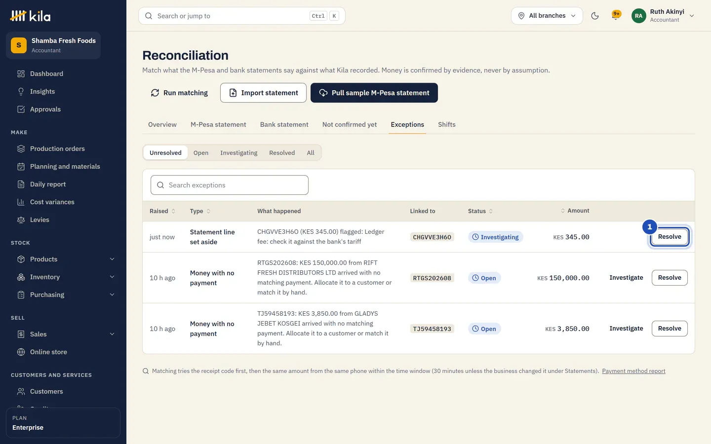 The exceptions: the flagged ledger fee, with Resolve marked 1.