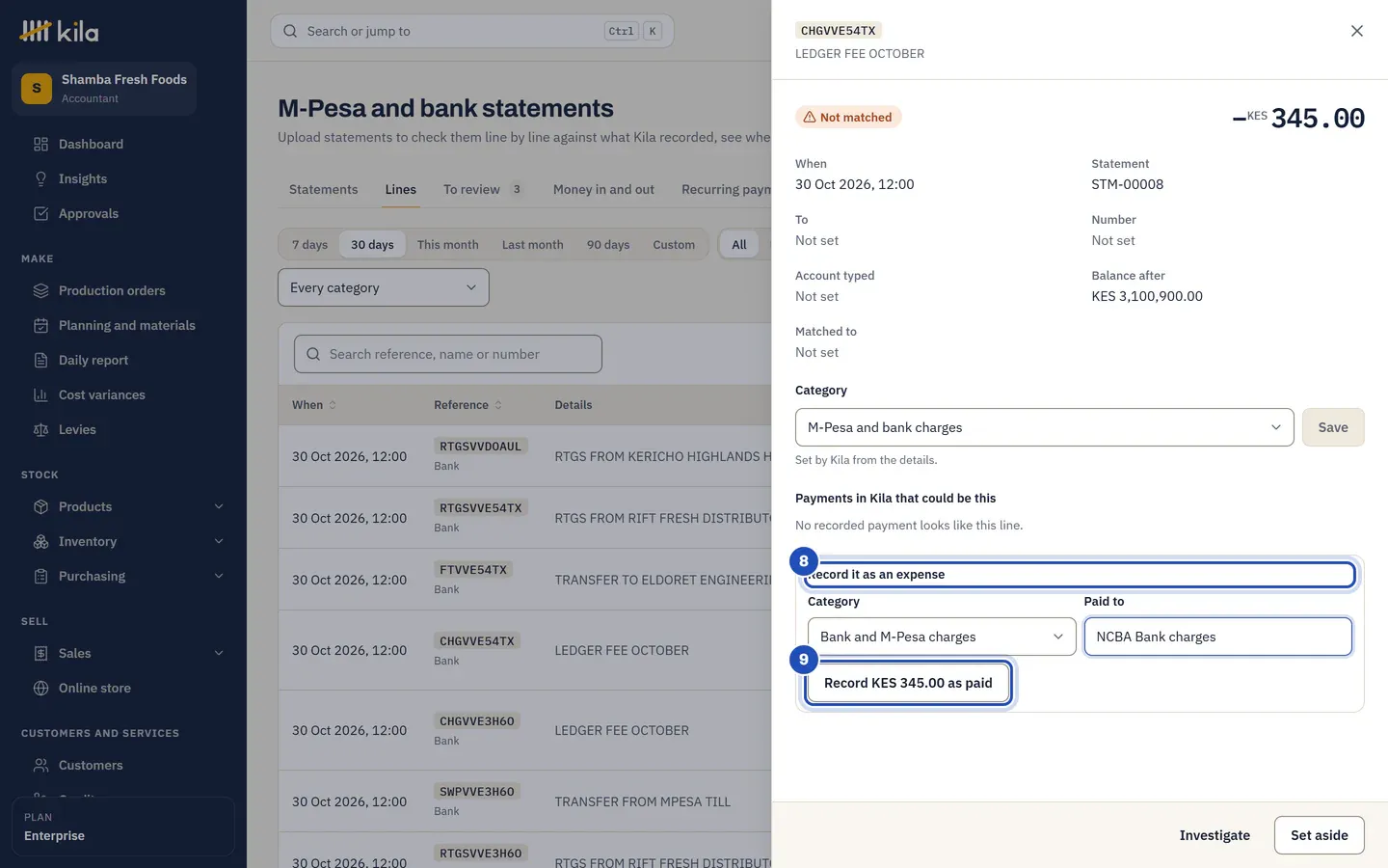 The ledger fee's line: Record it as an expense (8), Bank and M-Pesa charges paid to NCBA Bank charges, and Record KES 345.00 as paid (9).