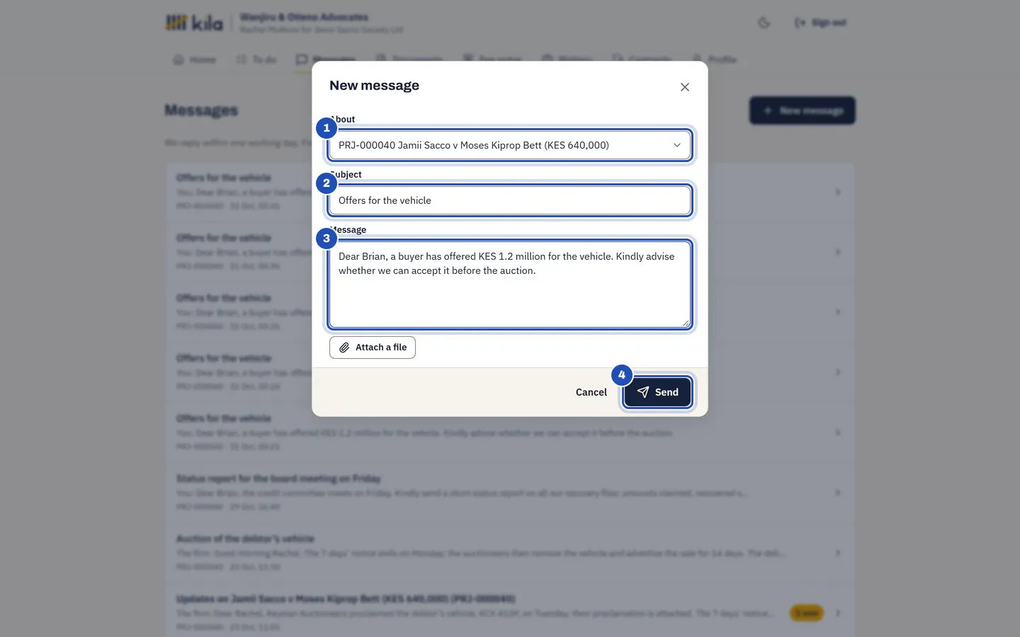 New message: About, a matter chosen (1), the Subject (2), the Message (3) and Send (4).
