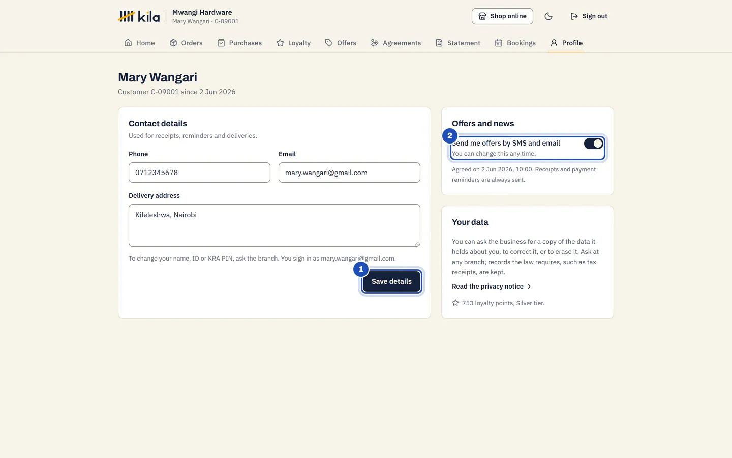 Profile: the contact details with Save details (1), and the switch Send me offers by SMS and email (2).
