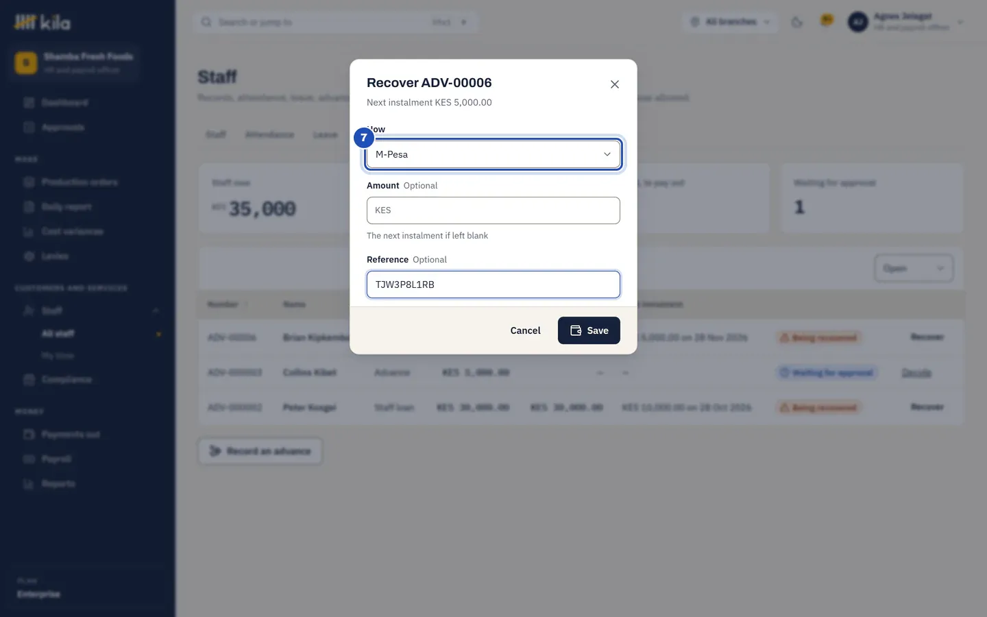 Recover the advance: How, set to M-Pesa, marked 7.