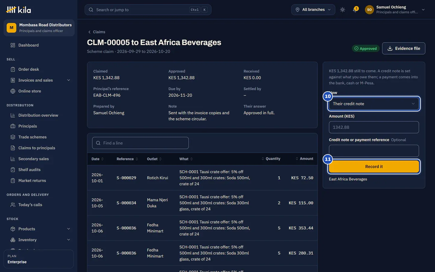 CLM-00005 to East Africa Beverages, approved in full: KES 1,342.88 still to come, How (10) set to Their credit note, and Record it marked 11.