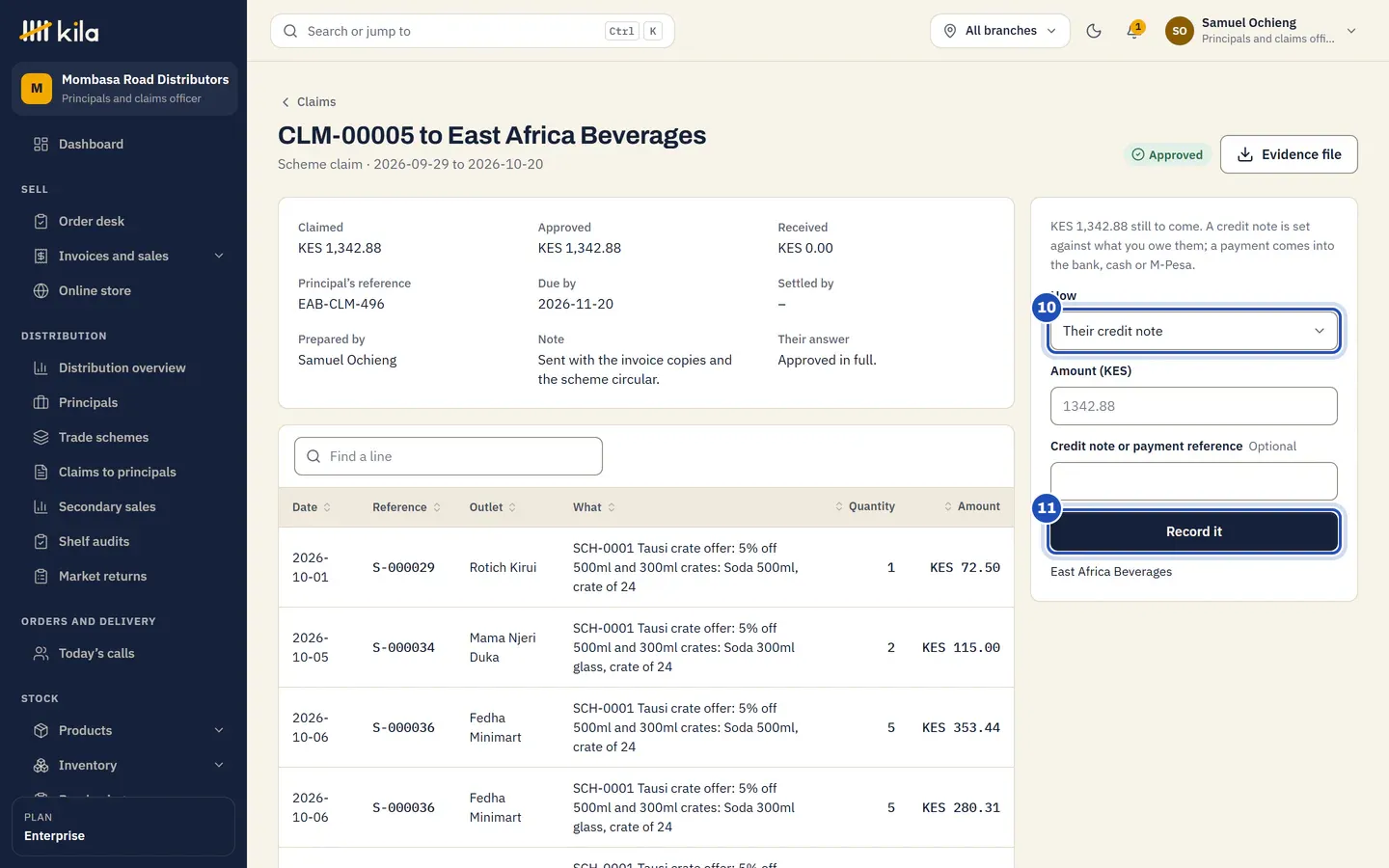 CLM-00005 to East Africa Beverages, approved in full: KES 1,342.88 still to come, How (10) set to Their credit note, and Record it marked 11.