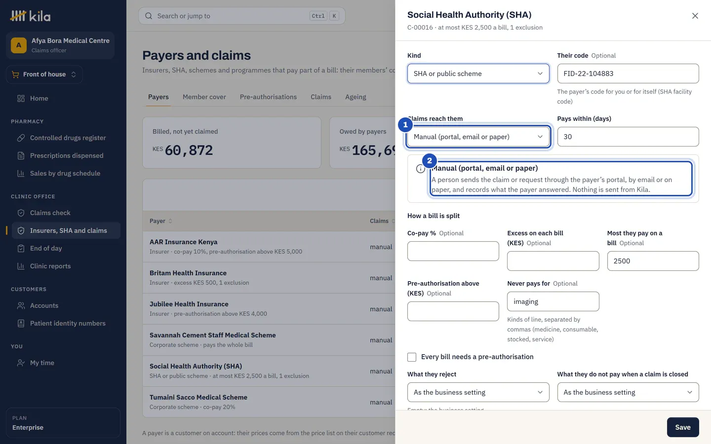 The SHA payer at Afya Bora Medical Centre: Claims reach them, Manual (portal, email or paper) (1), and Kila saying a person sends the claim through the payer's portal, by email or on paper, and nothing is sent from Kila (2).