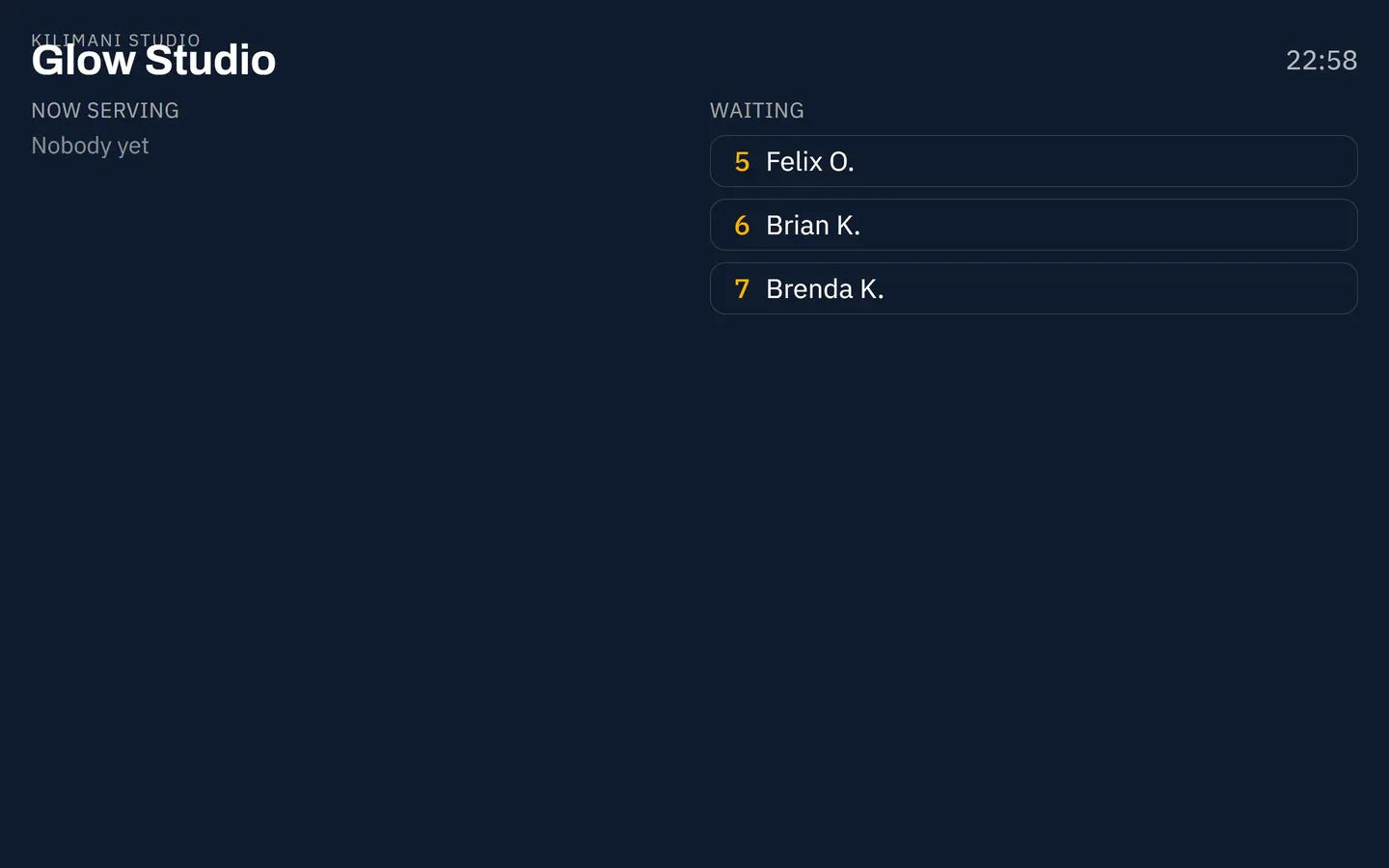 The waiting-area screen for Glow Studio, Kilimani studio: Now serving, and Waiting with the numbers 5, 6 and 7 and a first name and initial each.