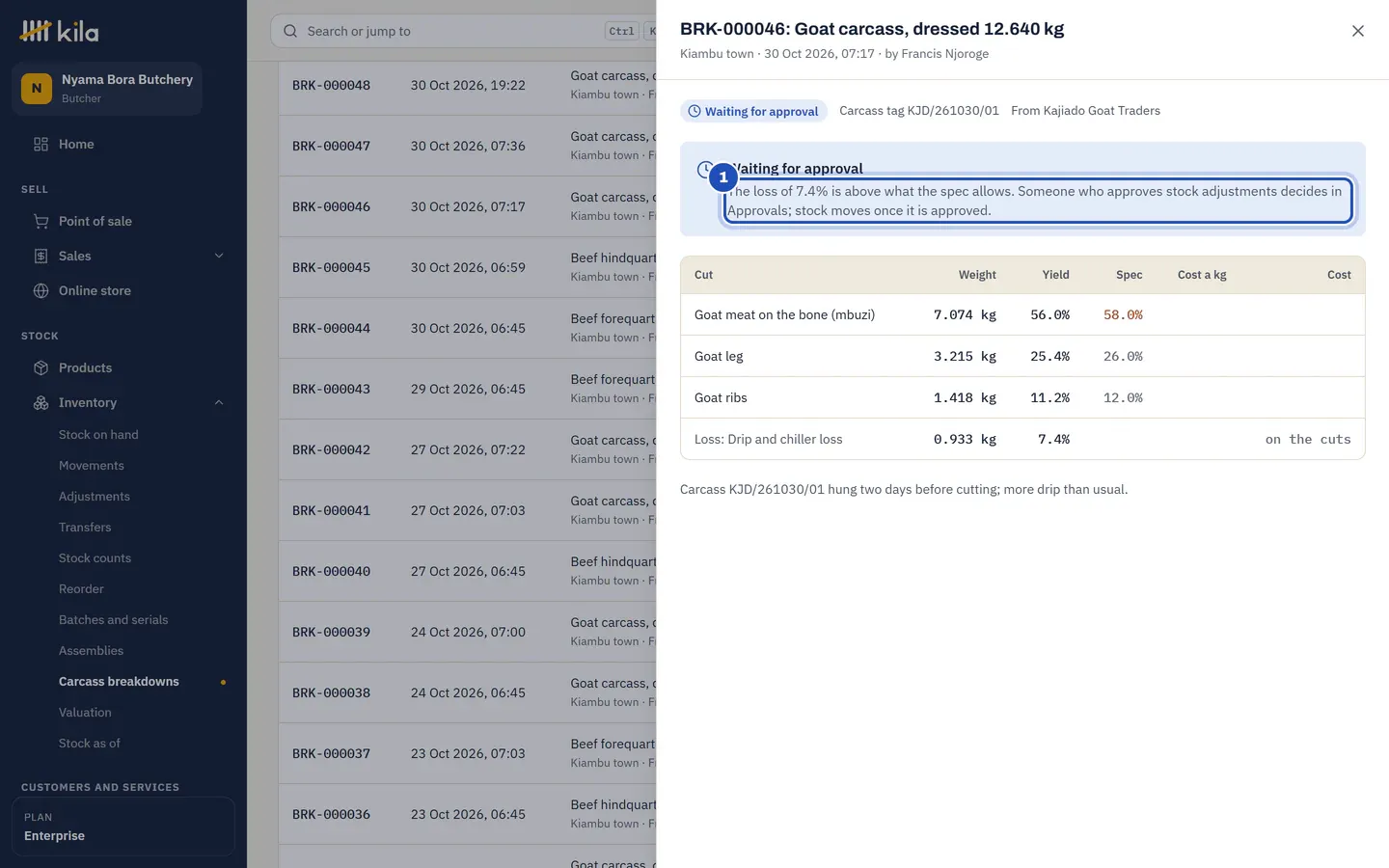 A goat breakdown waiting for approval: Kila says the loss is above what the spec allows, and someone who approves stock adjustments decides in Approvals; stock moves once it is approved (1).