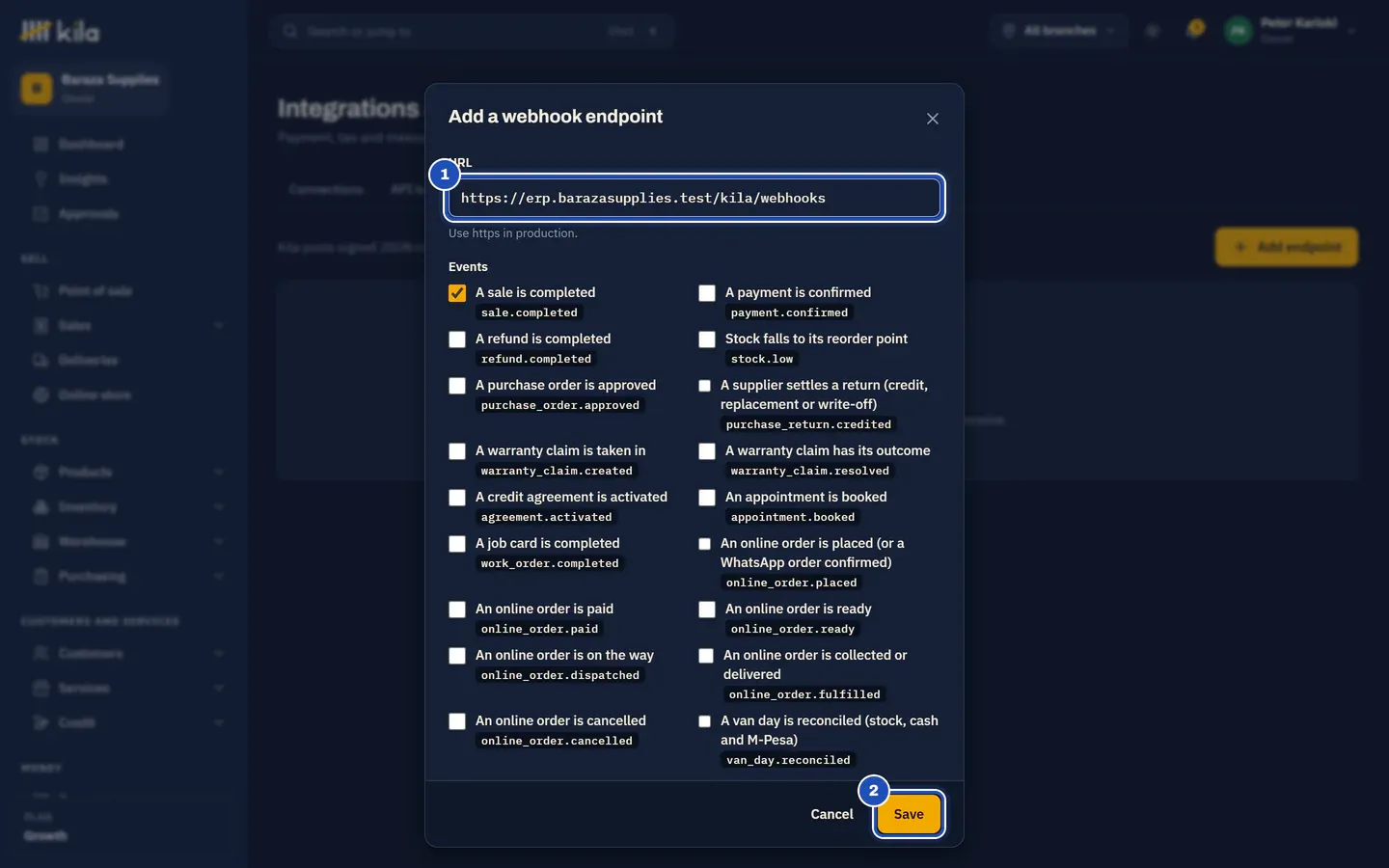 Add a webhook endpoint: the URL of Baraza Supplies' system (1), the events with sale.completed ticked, and Save (2).