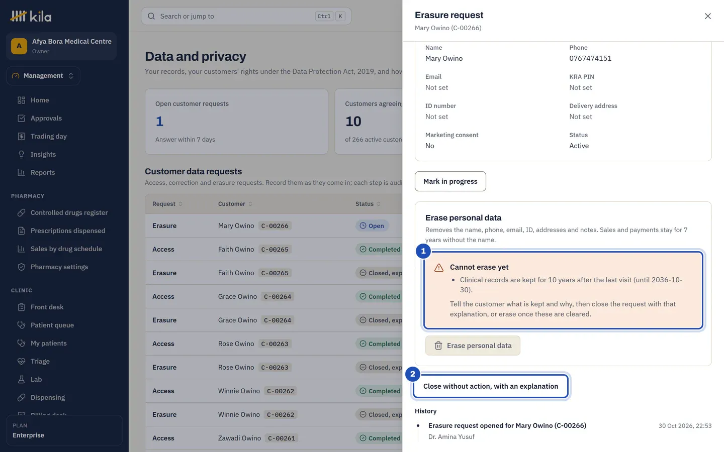 An erasure request for a patient: Cannot erase yet, because clinical records are kept for 10 years after the last visit (1), Erase personal data greyed out, and Close without action, with an explanation (2).