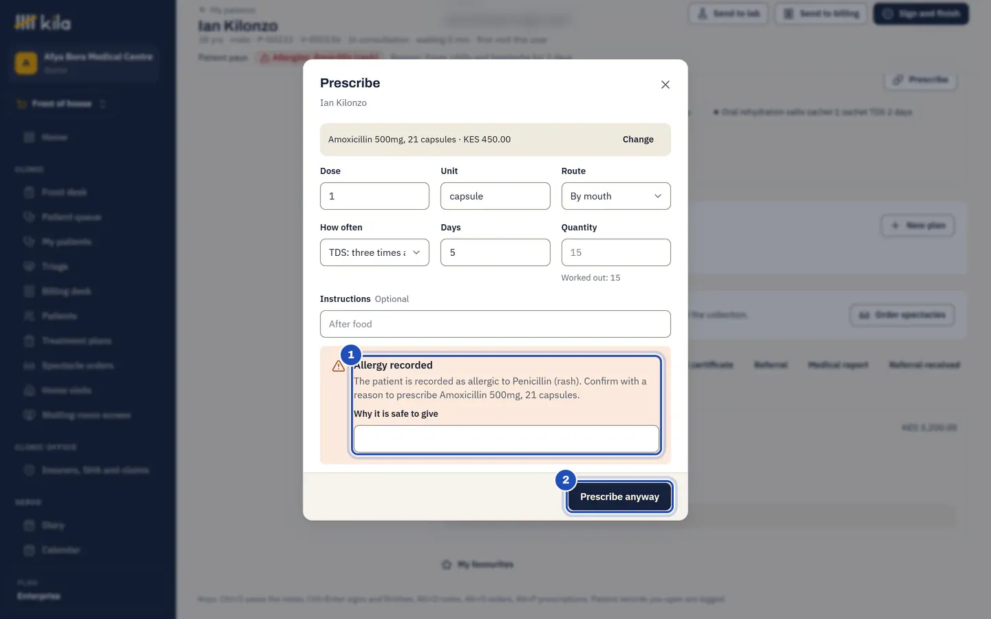 Prescribe amoxicillin for a patient allergic to penicillin: Allergy recorded with the message and Why it is safe to give (1), and Prescribe anyway (2).