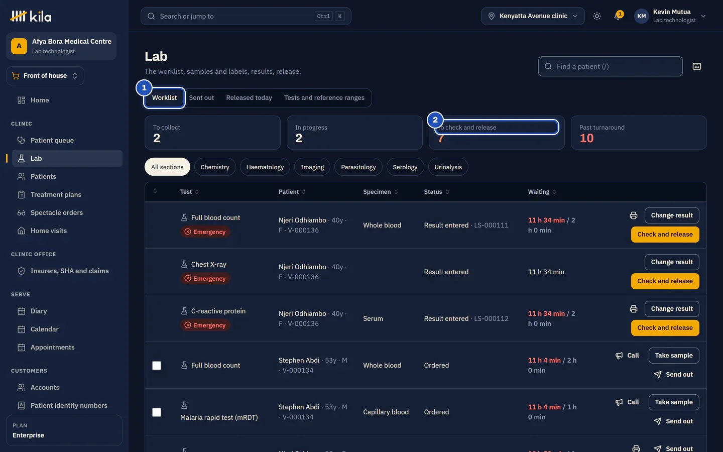 The Lab for Kevin Mutua, lab technologist: the Worklist tab (1), the counts with To check and release (2), the sections, and the tests with their patient, specimen, status and wait.