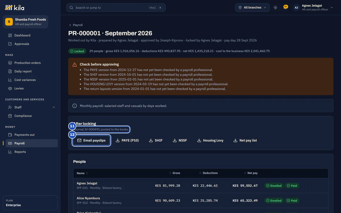 September's locked run: Journal JV-… posted to the books (11) and Email payslips (12), with the return files beside it.