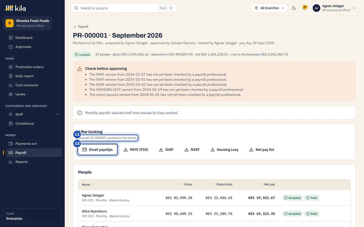 September's locked run: Journal JV-… posted to the books (11) and Email payslips (12), with the return files beside it.