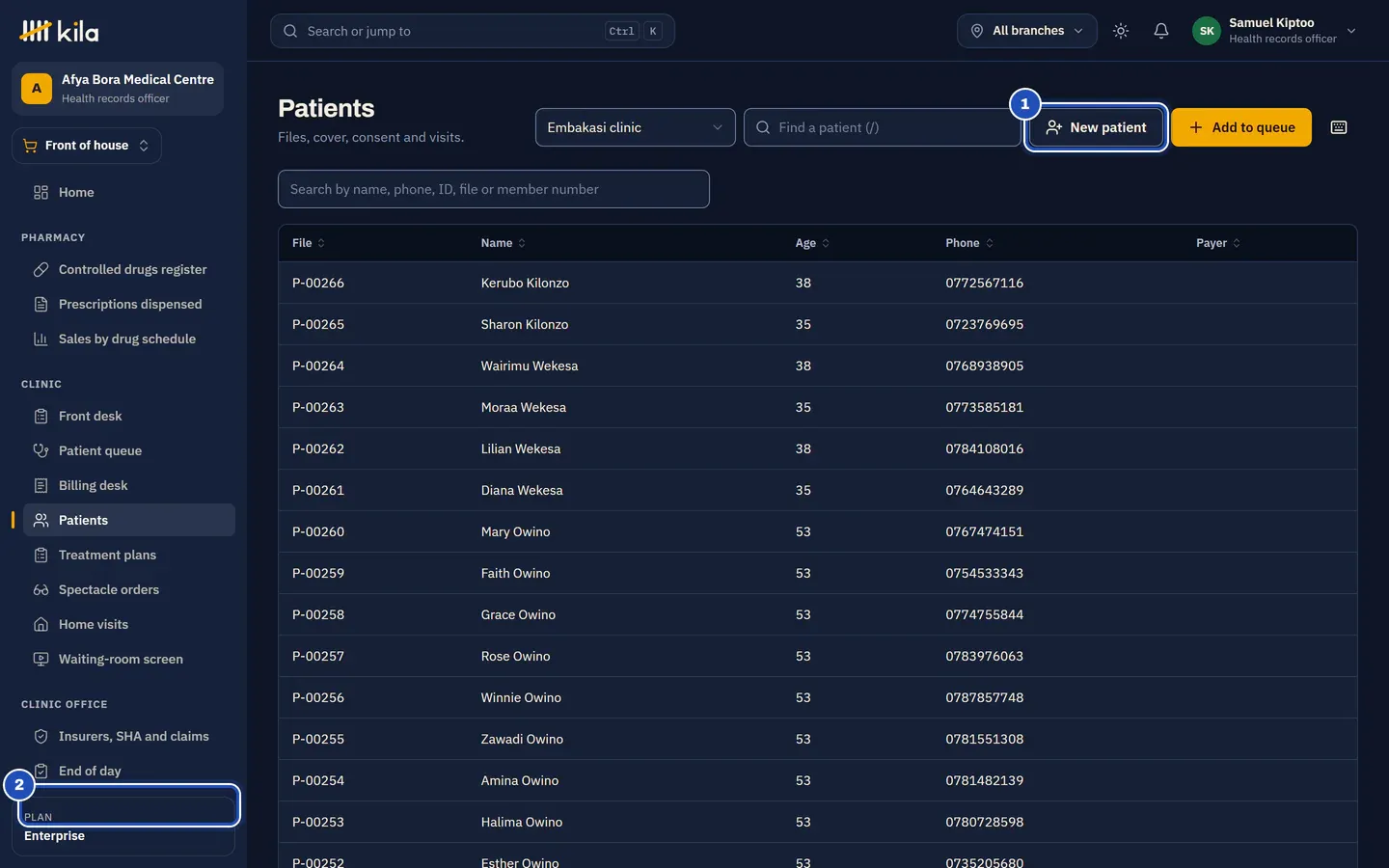 Patients for Samuel Kiptoo, health records officer: New patient (1), the patients with their file number, name, age, phone and payer, and MOH reports in the Clinic office menu (2).