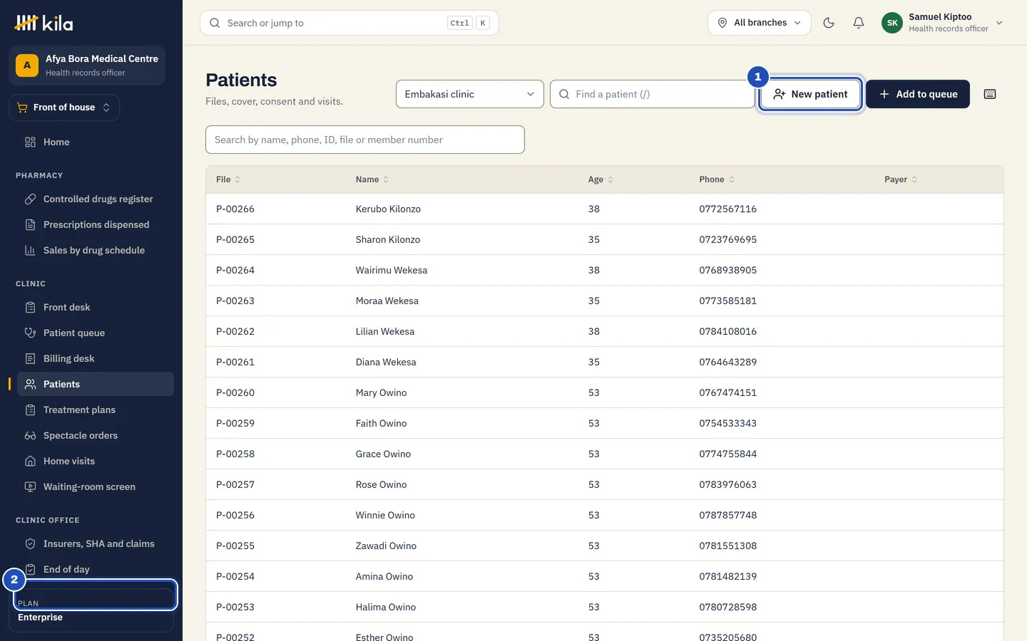 Patients for Samuel Kiptoo, health records officer: New patient (1), the patients with their file number, name, age, phone and payer, and MOH reports in the Clinic office menu (2).