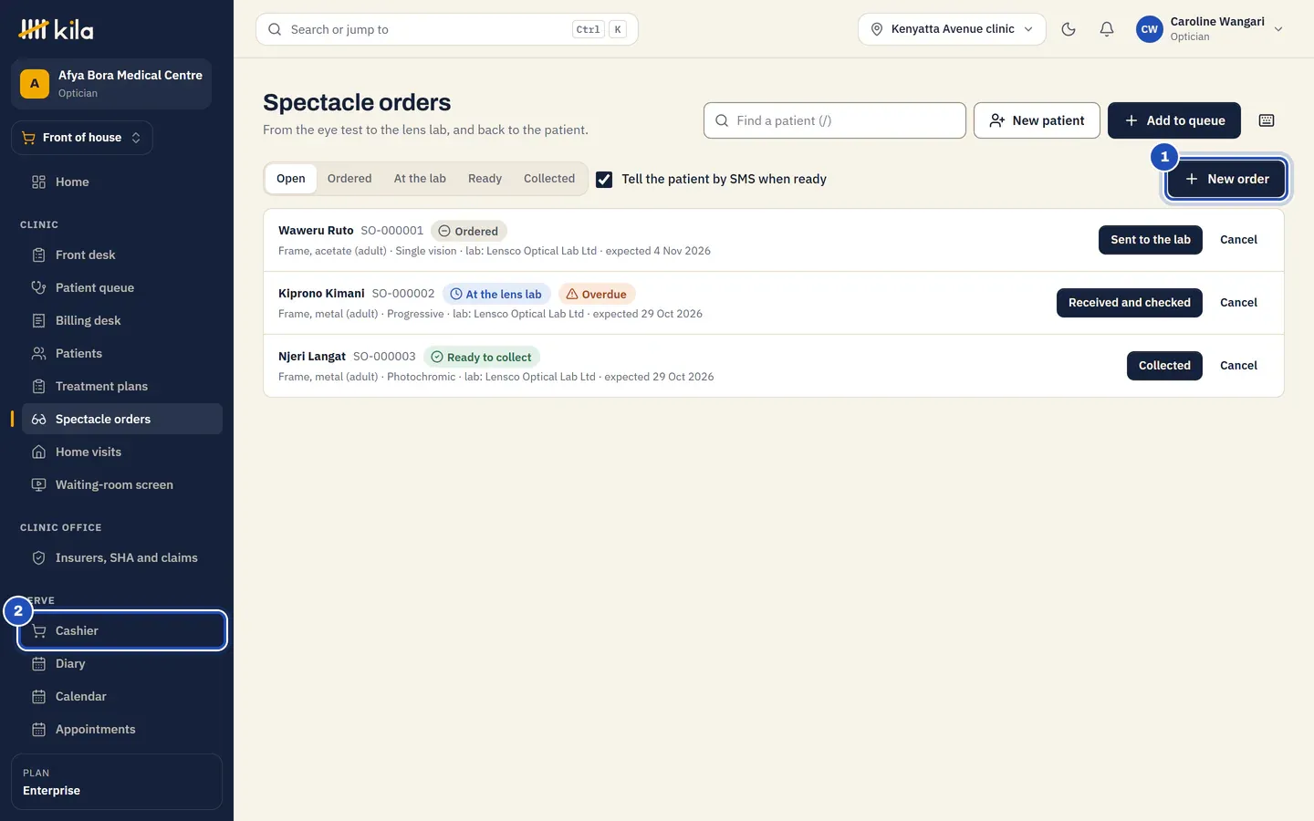 Spectacle orders for Caroline Wangari, optician: New order (1), the orders with their state and the button that moves each on, and Cashier in the Serve menu (2).