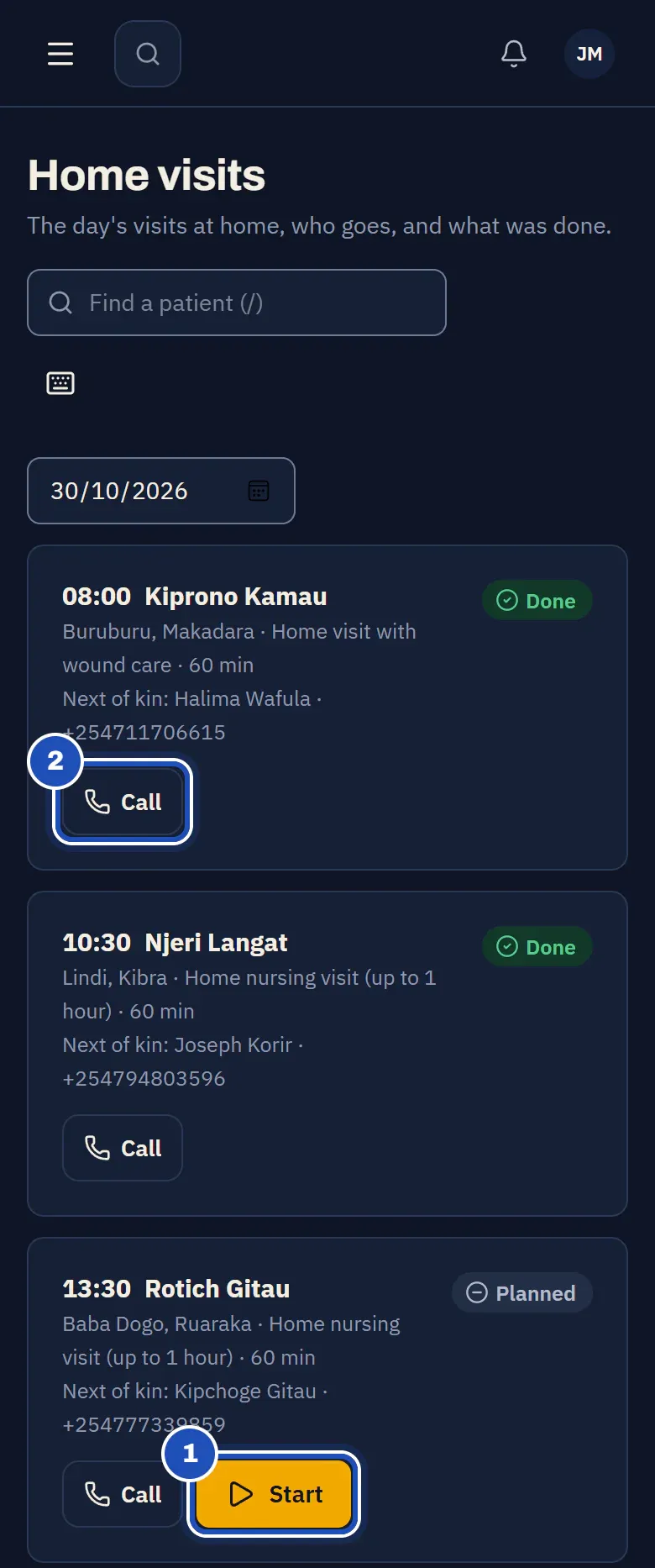 Home visits on Jane Mumbua's phone: her visits for the day, two Done and one Planned, each with the place, the service and the next of kin, Call (2) and, on the planned one, Start (1).