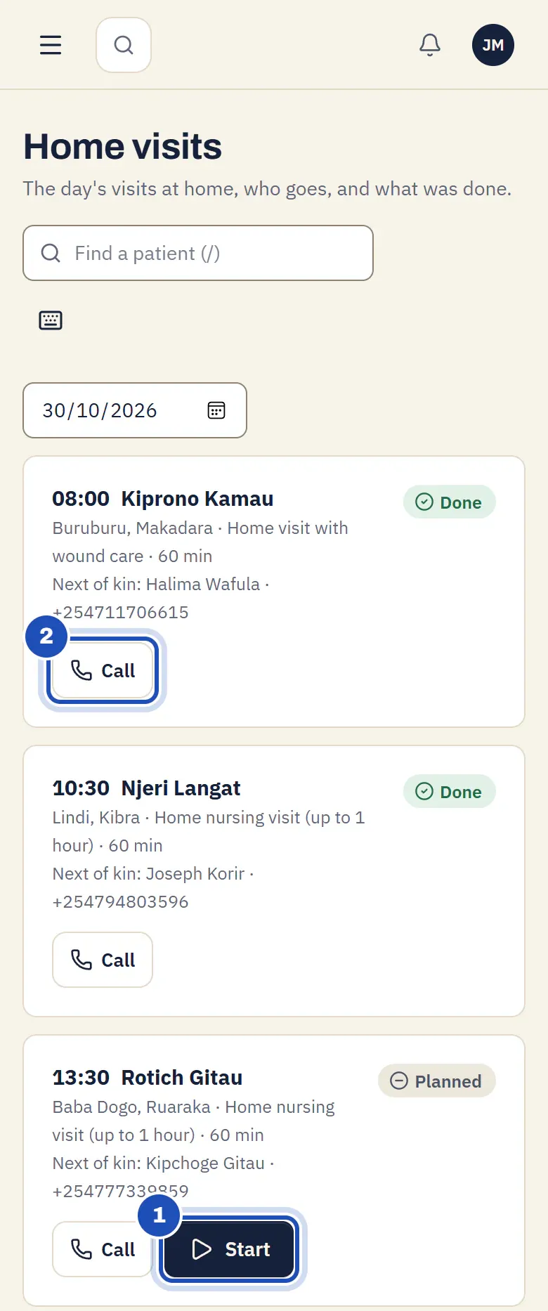 Home visits on Jane Mumbua's phone: her visits for the day, two Done and one Planned, each with the place, the service and the next of kin, Call (2) and, on the planned one, Start (1).